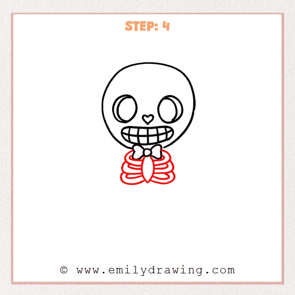 how to draw a cartoon skeleton - A cartoon skeleton head with a bow tie, plus a small ribcage made of stacked curved ribs and a teardrop center piece.